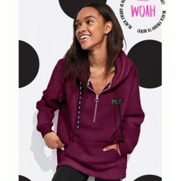 PINK Victoria's Secret Tops - Victoria's Secret PINK, Maroon hooded sherpa